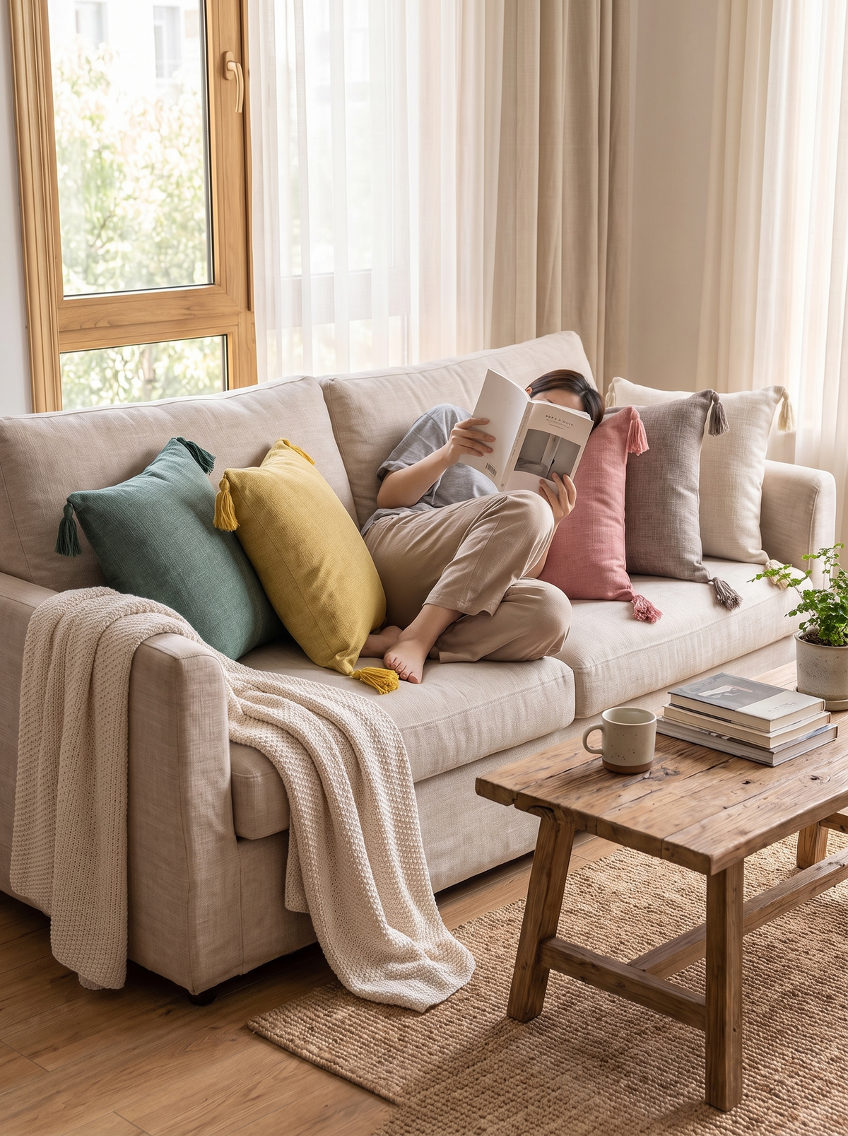 Pair of linen look tassel cushion covers on a couch