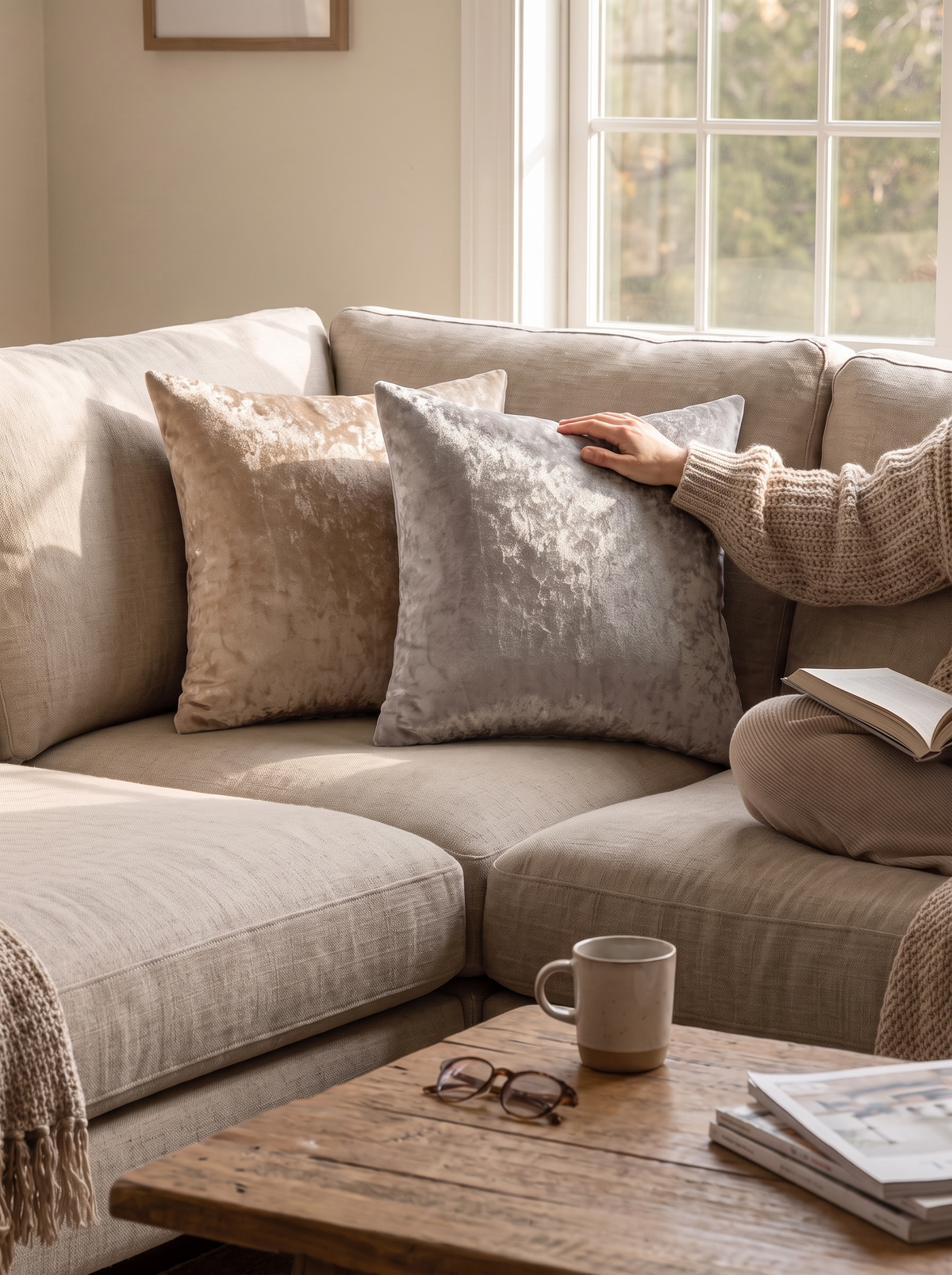 Soft velvet cushion cover catching the light
