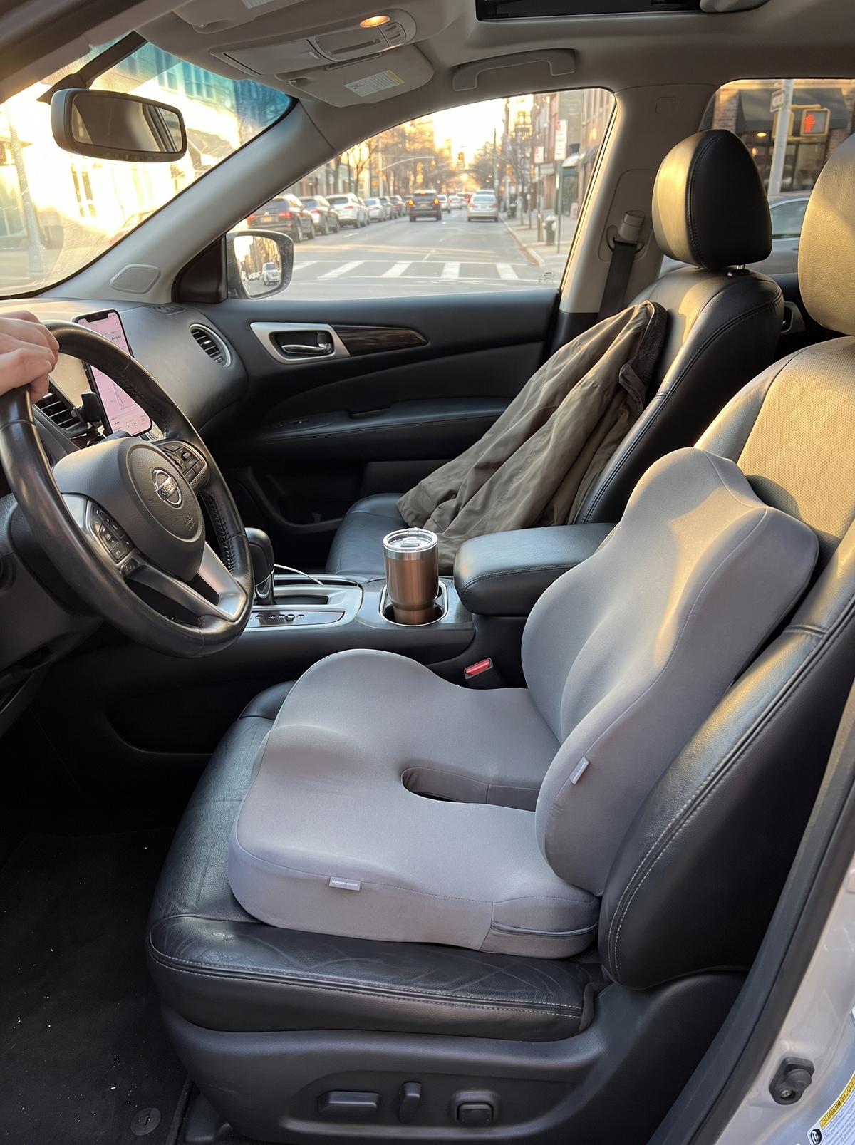 Lumbar cushion moved from office chair to car seat