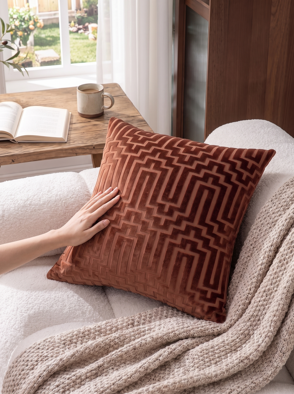Cut velvet geometric cushion showing carved pile