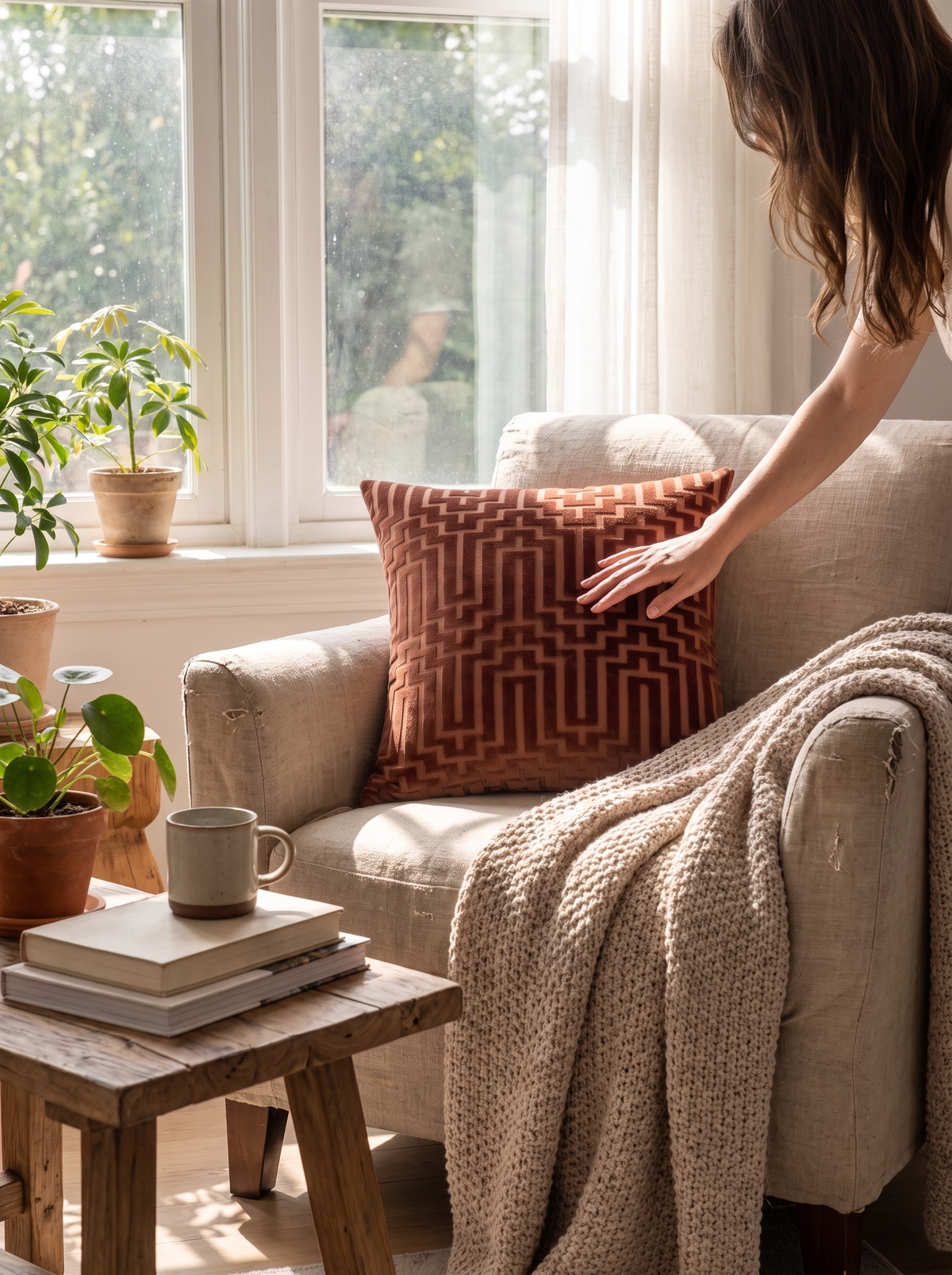 Cut velvet cushion texture in raking light