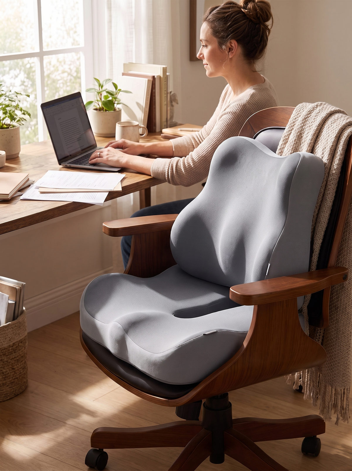 Ergonomic memory foam lumbar cushion on an office chair