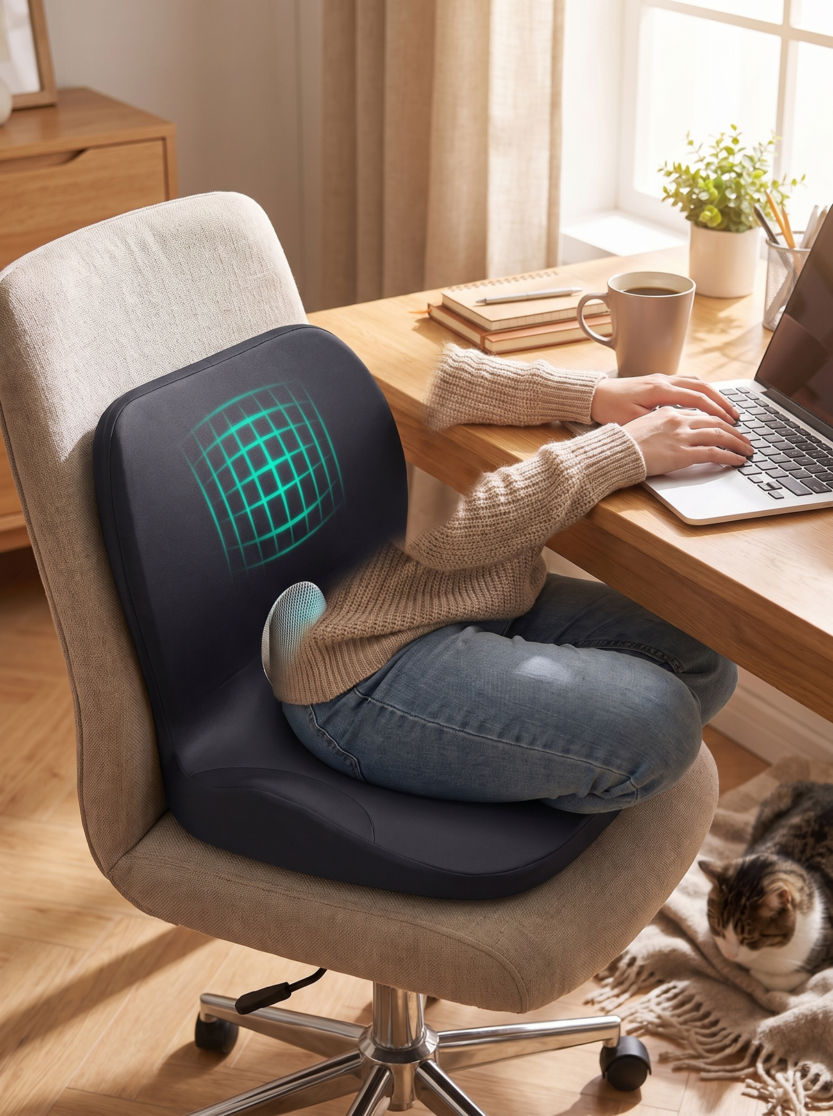 Seat cushion with a coccyx cutout in use
