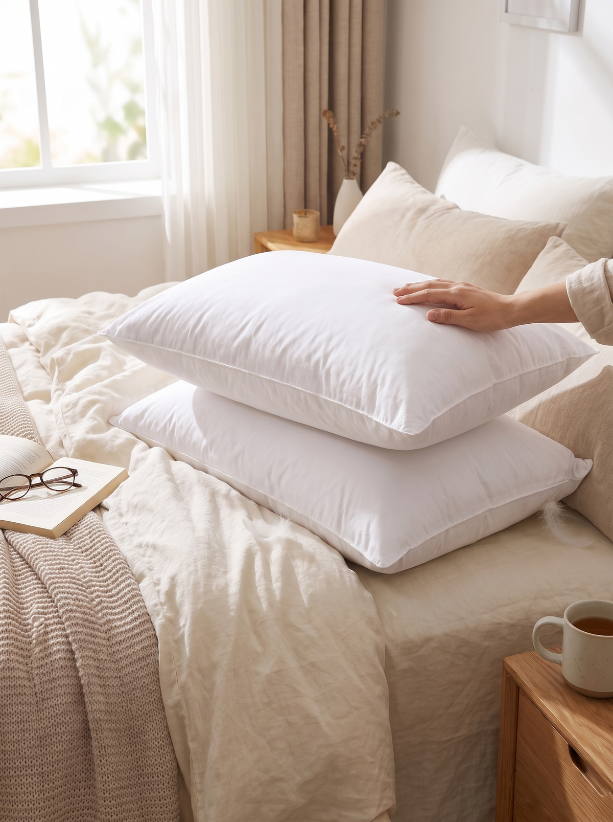 Down and feather blend pillow on a bed