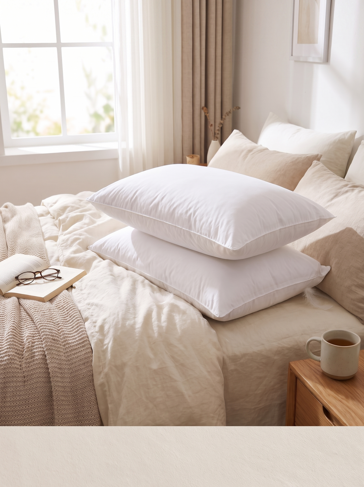 Cotton shell pillows on a bright made bed