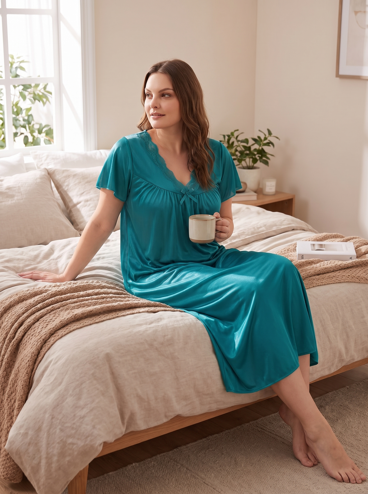 Plus size satin midi nightgown skimming the body