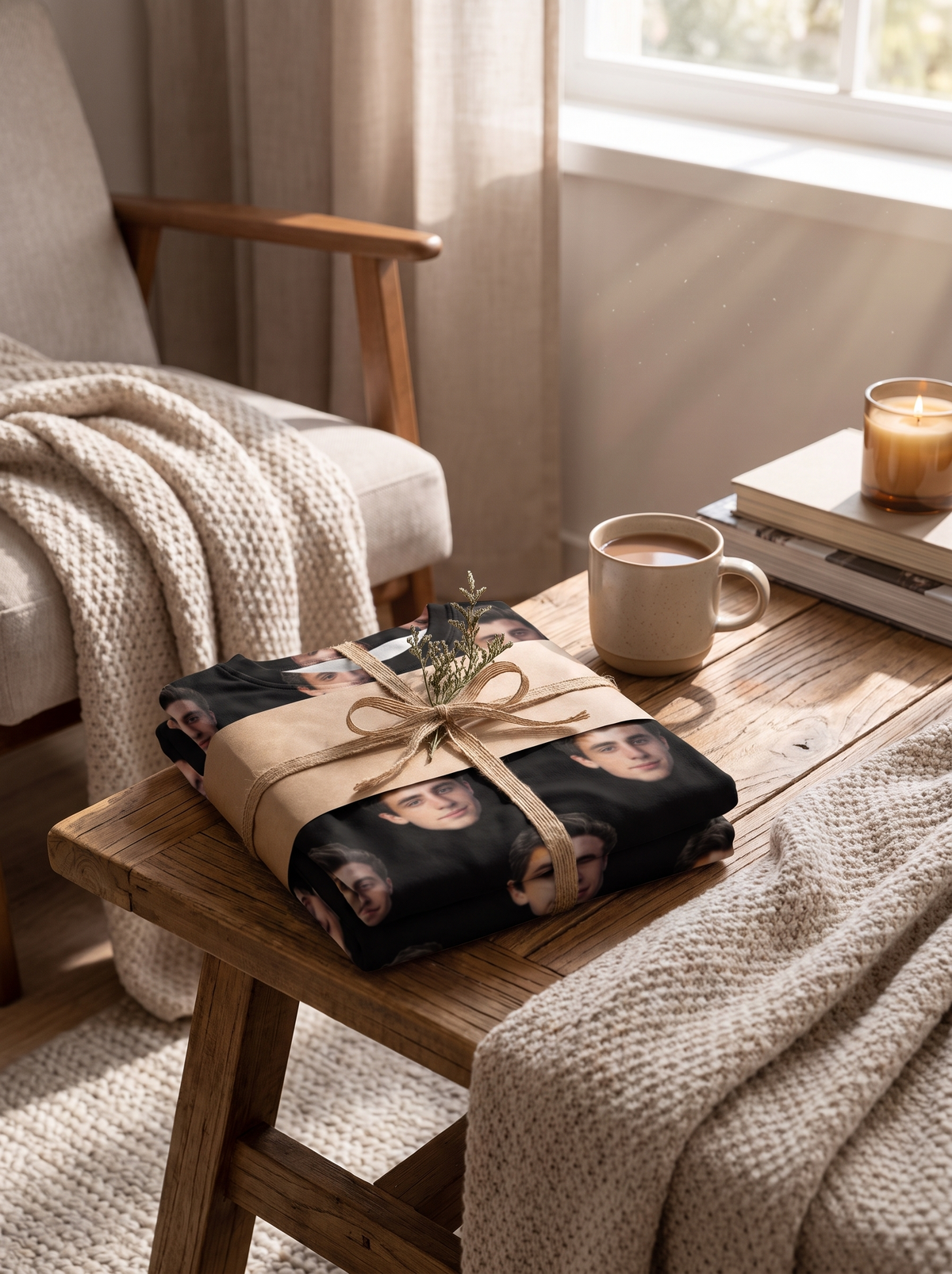 Custom printed pyjama set wrapped as a gift