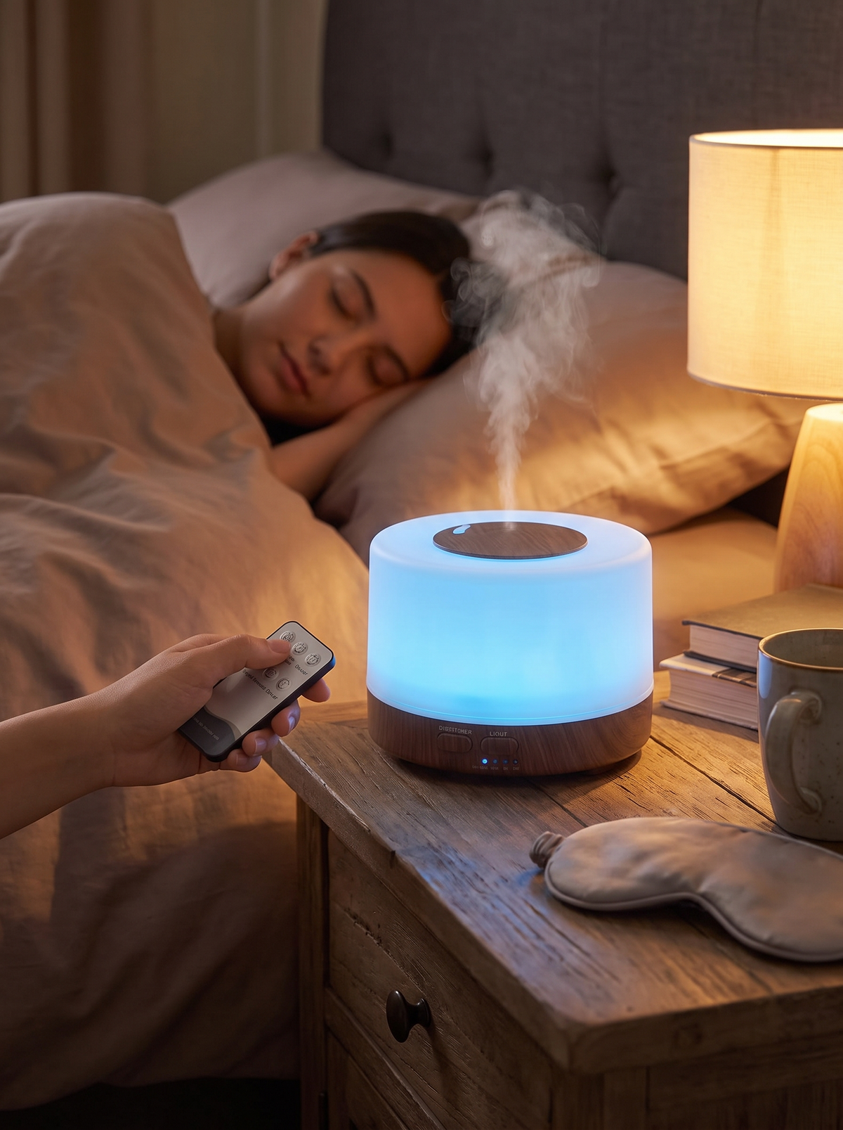 Quiet cool mist diffuser beside a bed