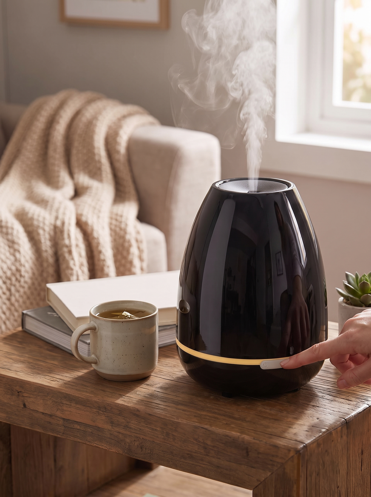 Compact desktop diffuser in a small bedroom