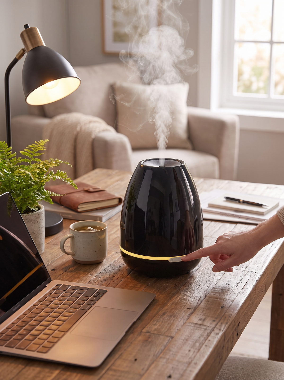 Desktop diffuser softening dry air at a desk