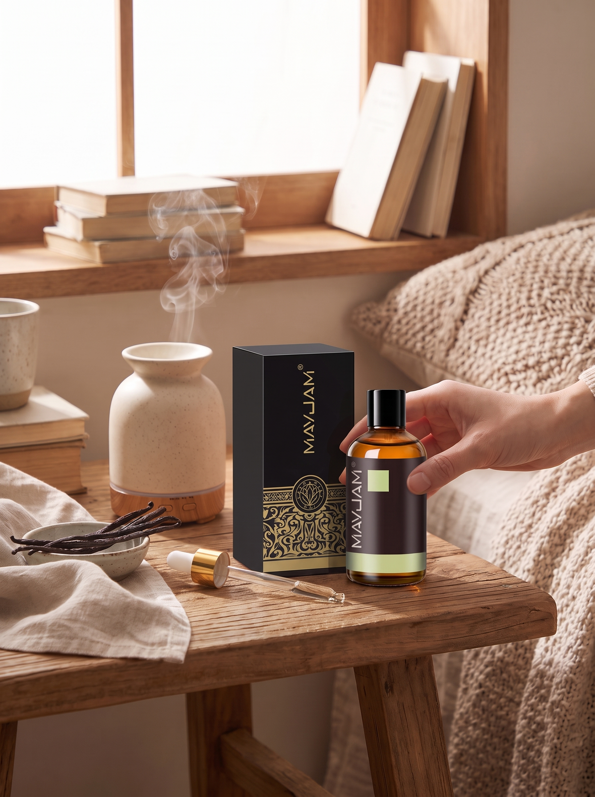Amber glass essential oil bottle on a shelf
