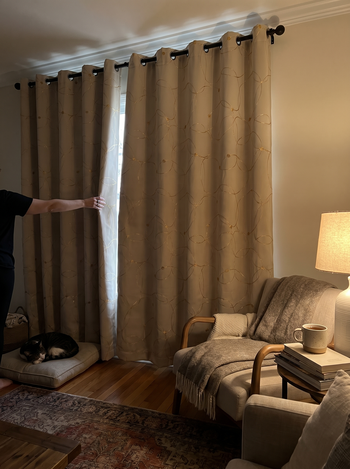 Foil print blackout curtains darkening a bedroom