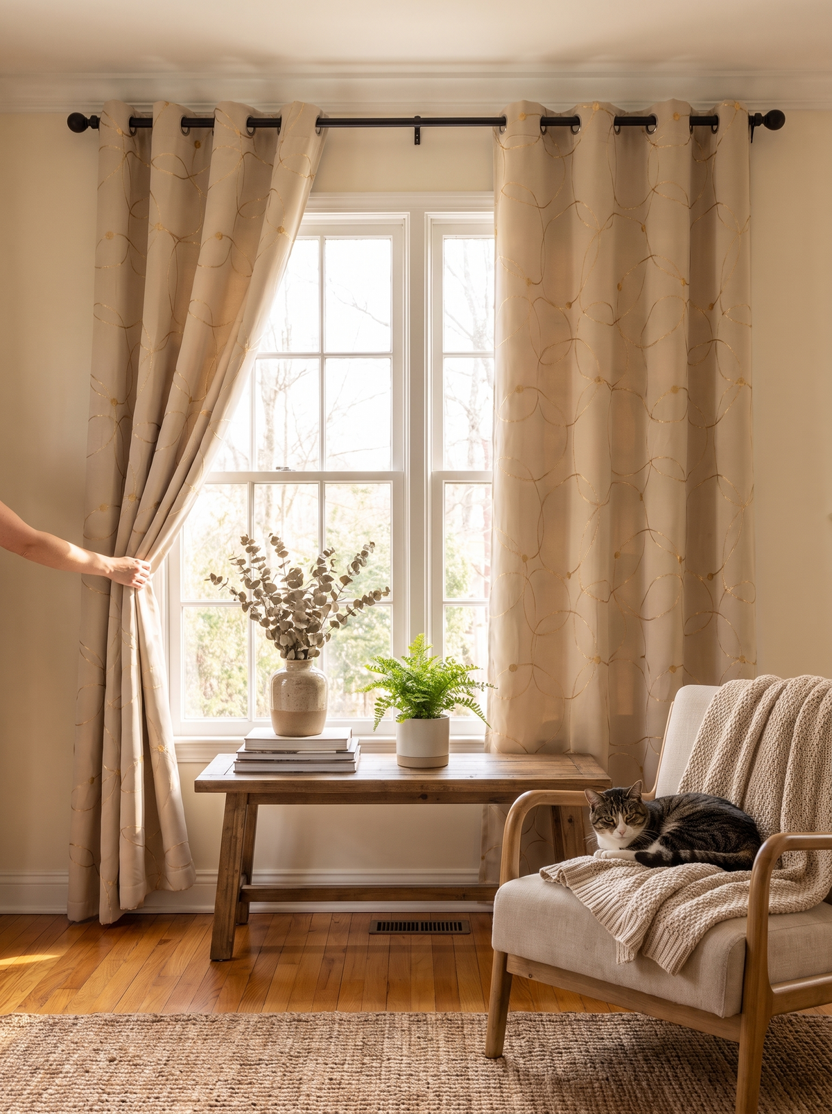 Matching pair of blackout curtain panels hung