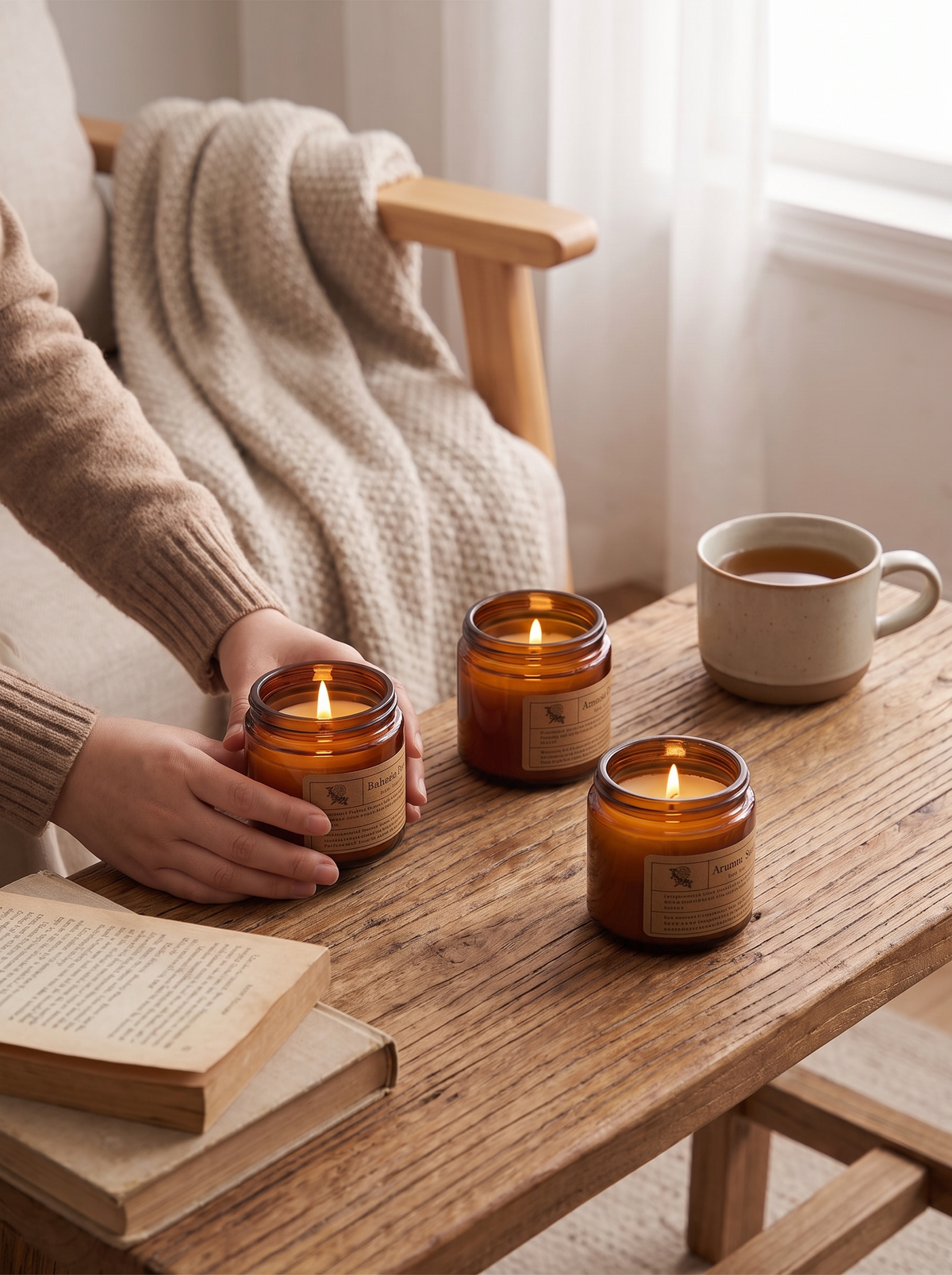 Set of three hand poured candles in a room