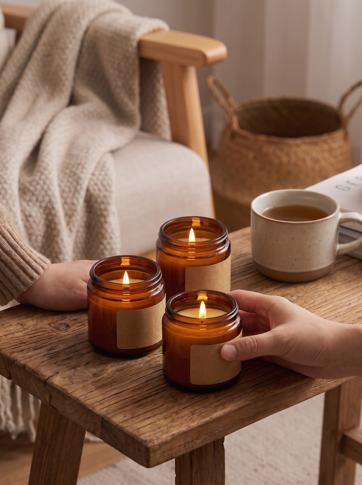 Brown glass jar candle glowing on a bedside table