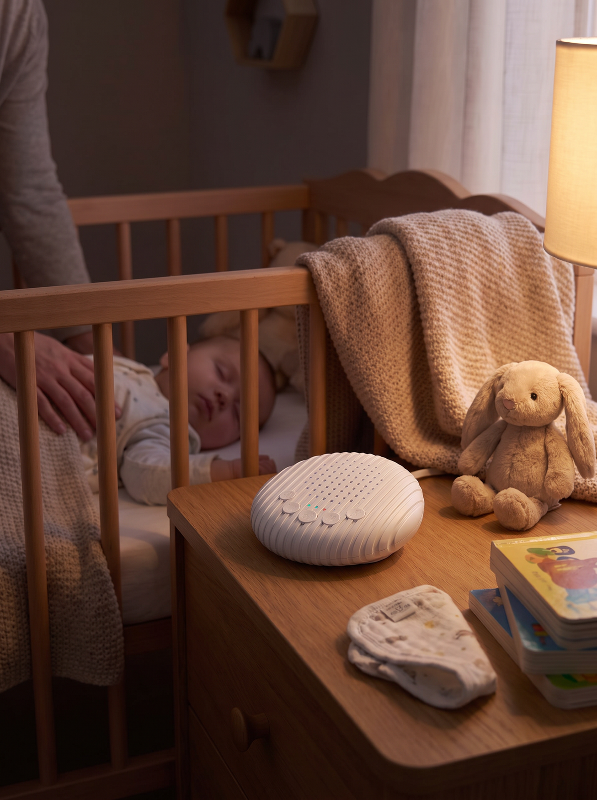 Portable white noise machine on a quiet bedside table
