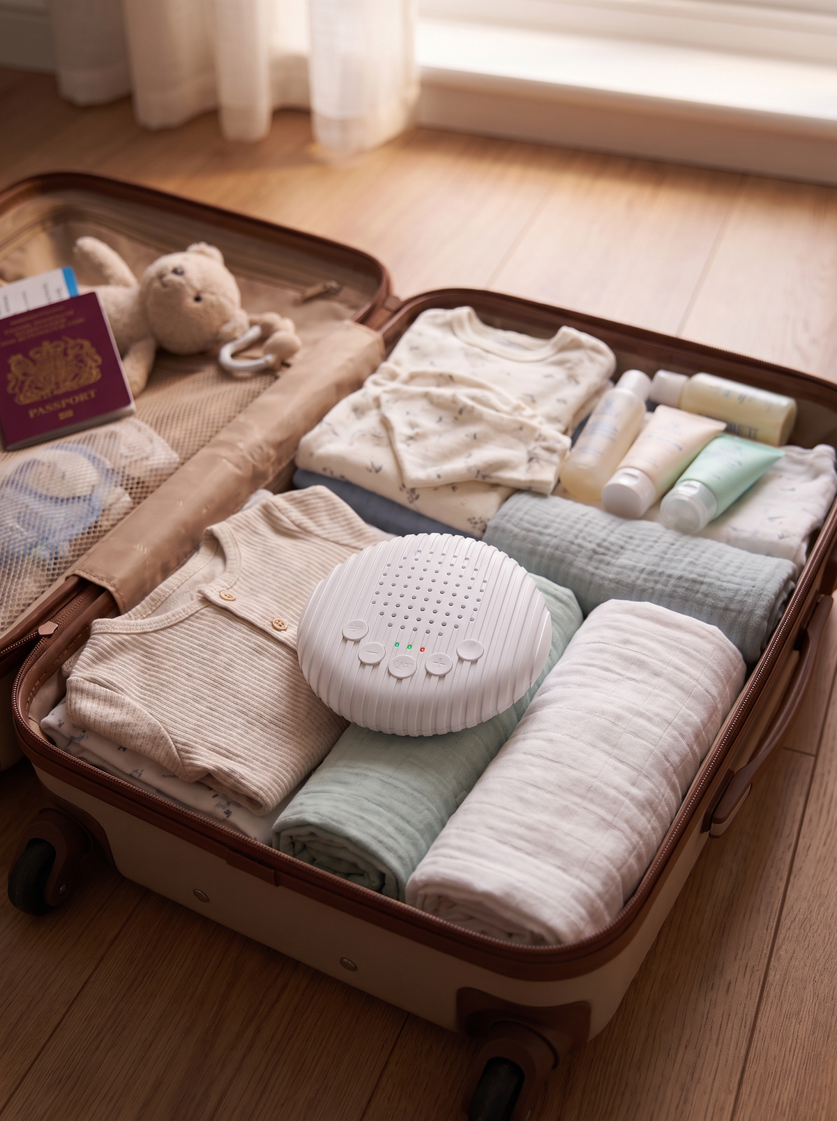 Compact sound machine packed for travel