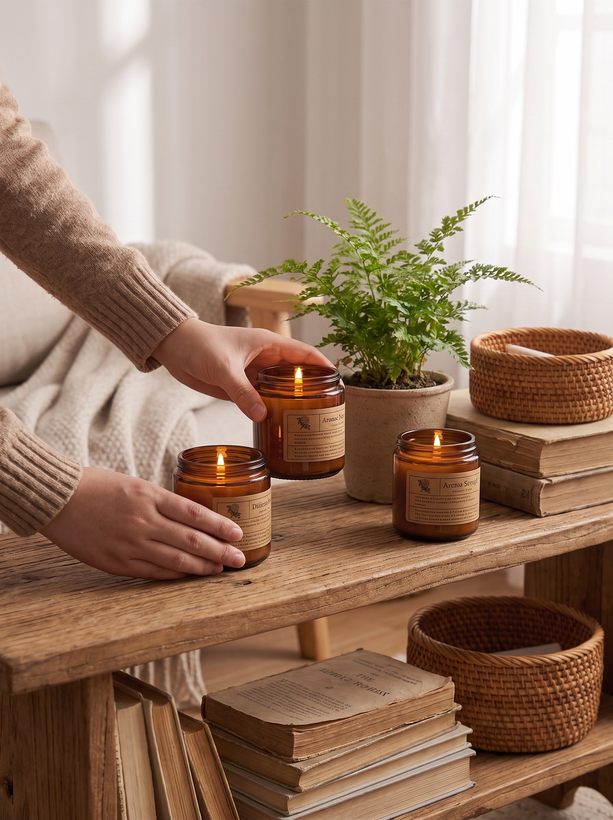 Empty brown glass candle jar reused on a shelf