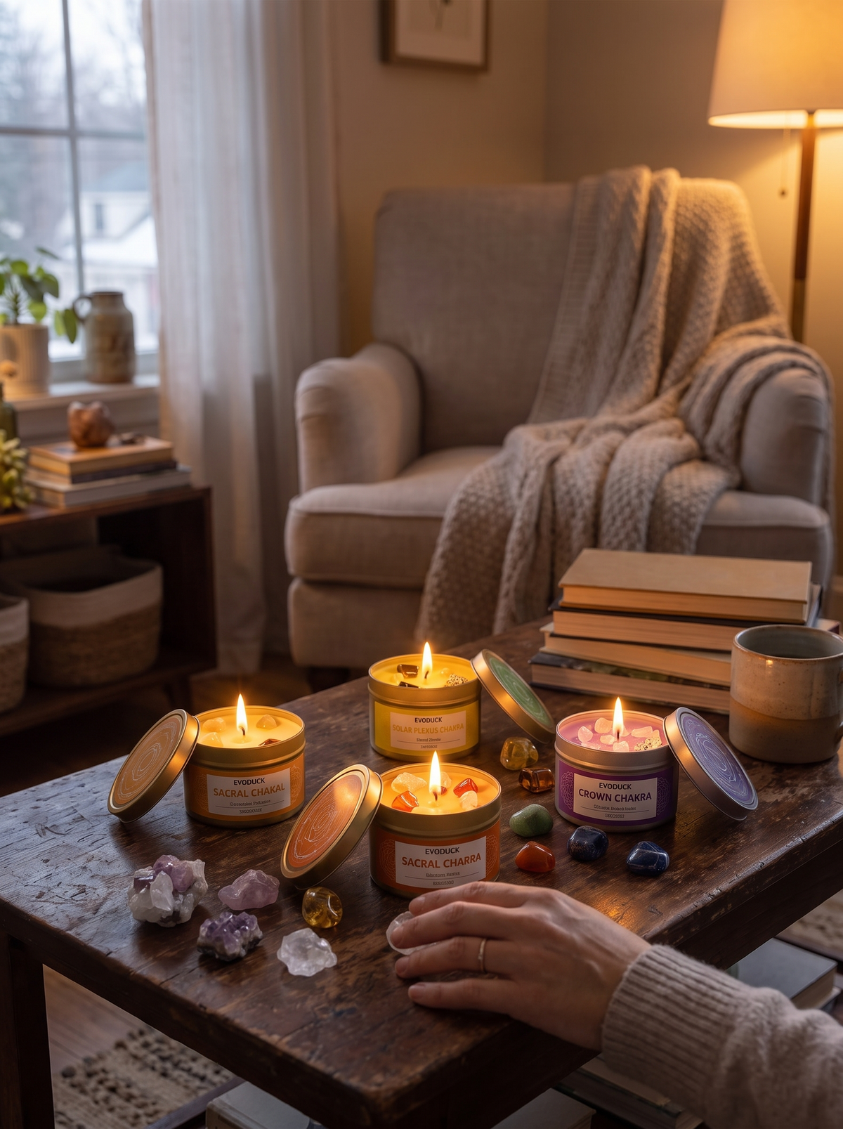 Seven chakra candles arranged on a shelf