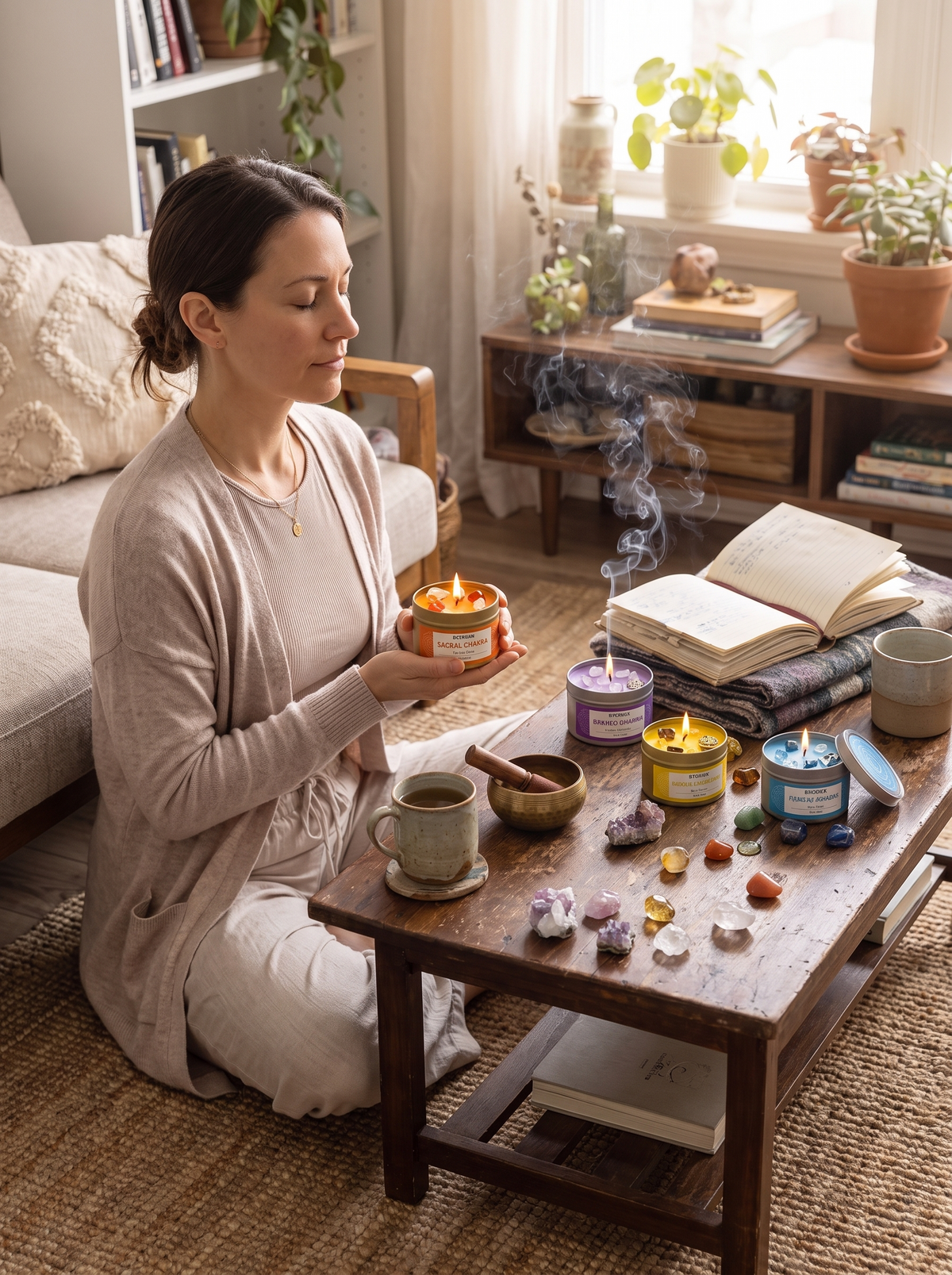 Small soy wax candles burning in a calm room