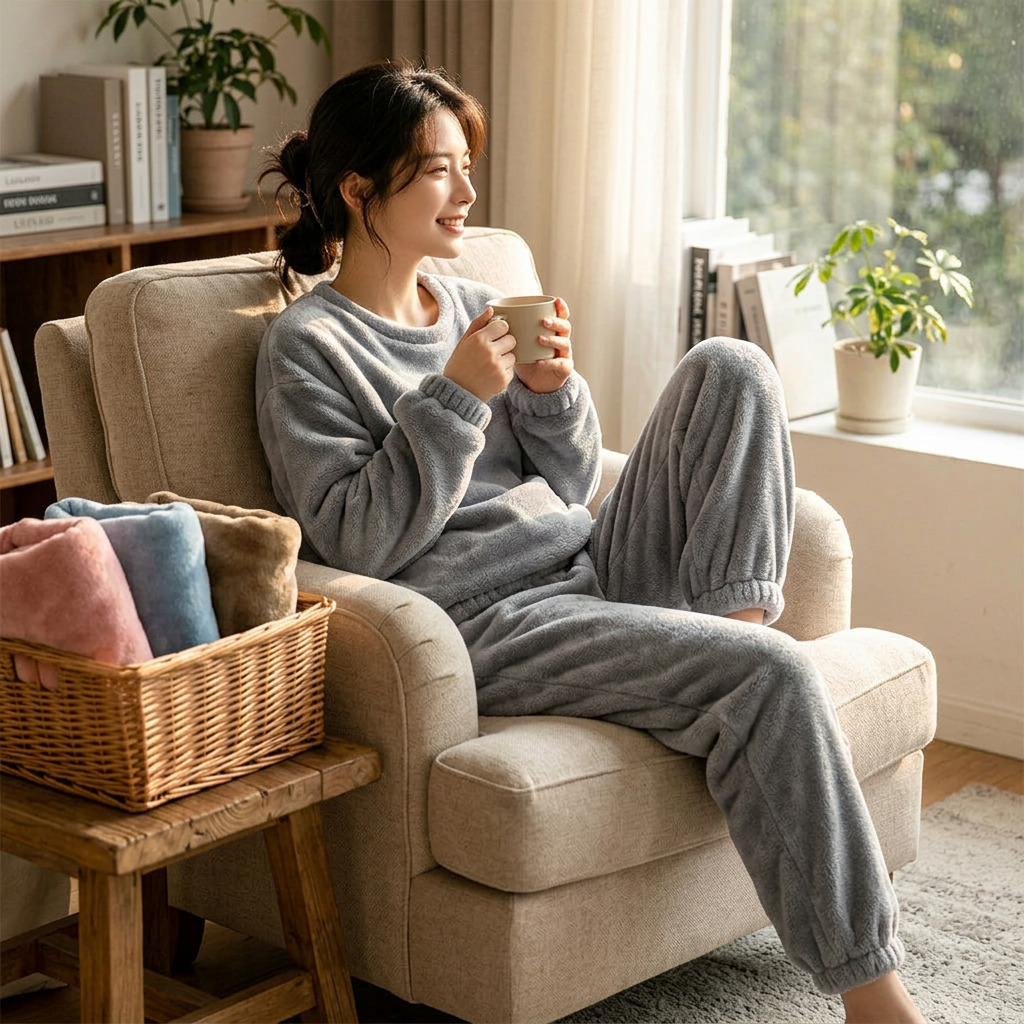 Woman relaxing in an armchair wearing the grey thick fleece loungewear set, with folded sets in pink, blue and khaki in a basket beside her
