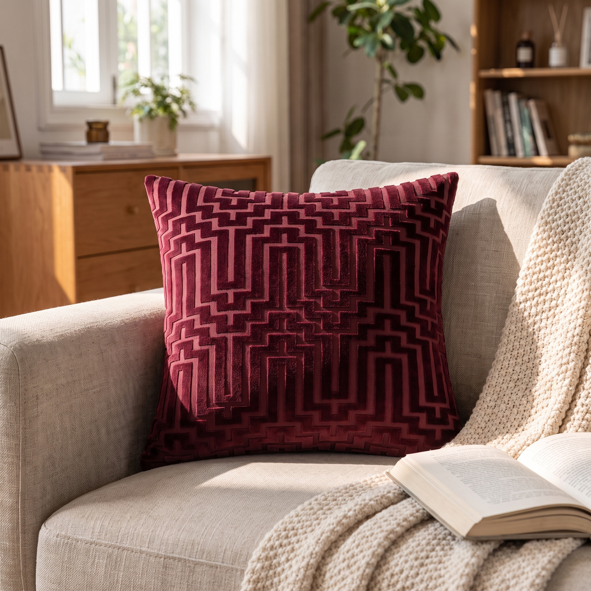 Cut velvet geometric cushion cover in deep burgundy