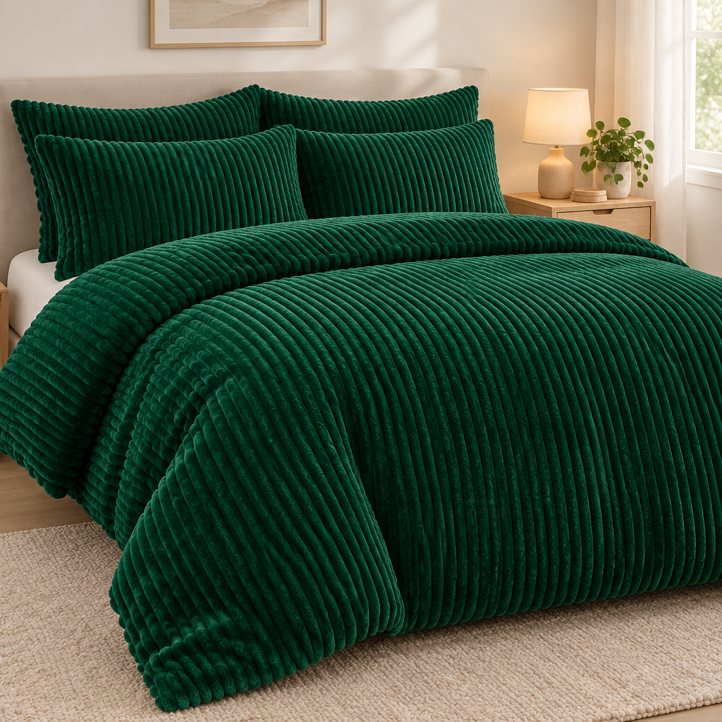 Deep green ribbed plush duvet cover on a made bed in a neutral bedroom