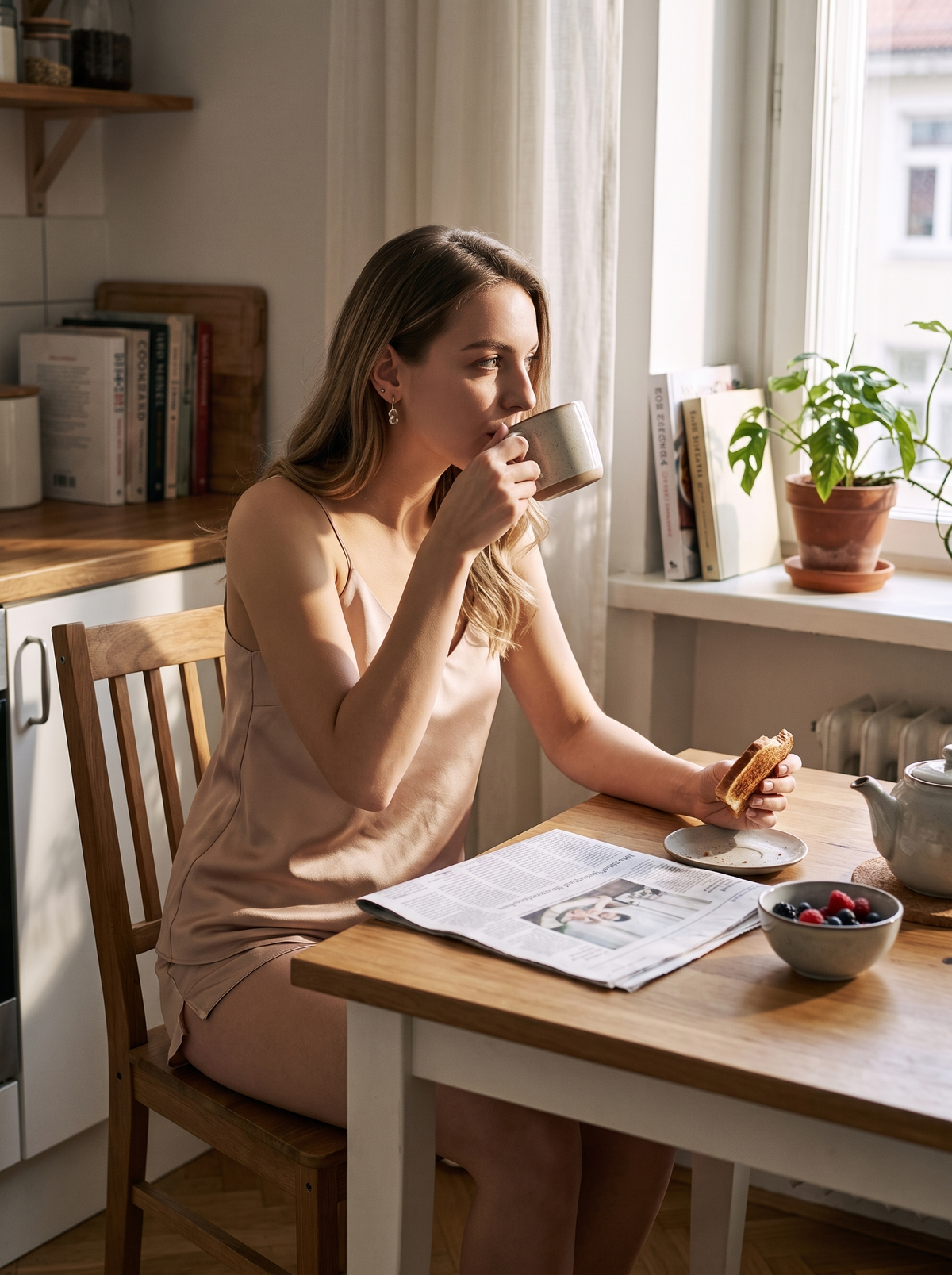p1 iwt3 Mulberry silk camisole pajama set at breakfast